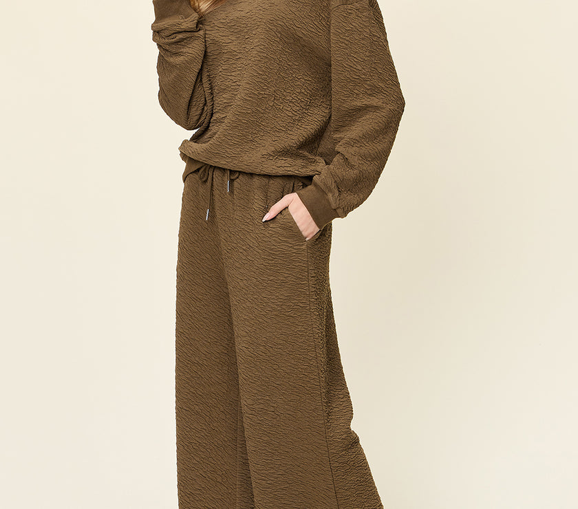 Double Take Full Size Texture Long Sleeve Top and Pants Set