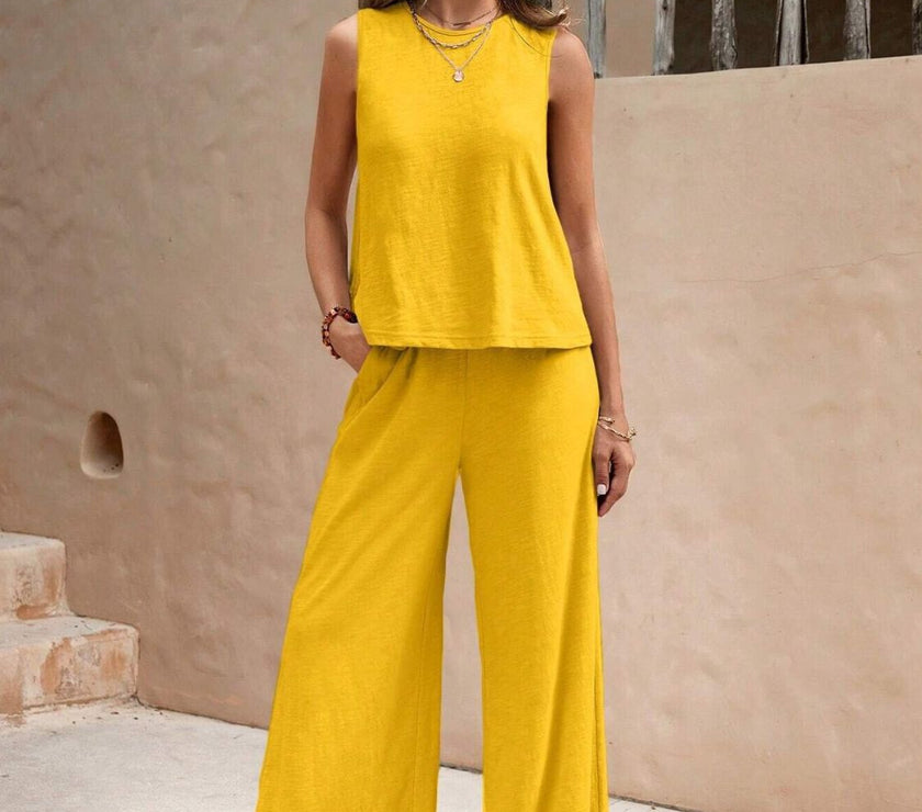 Round Neck Sleeveless Top and Wide Leg Pants Set