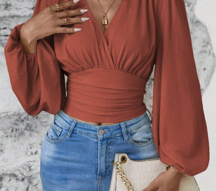 Smocked Surplice Balloon Sleeve Top