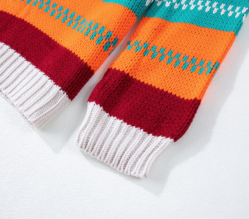 Contrast Striped Round Neck Long Sleeve Sweater