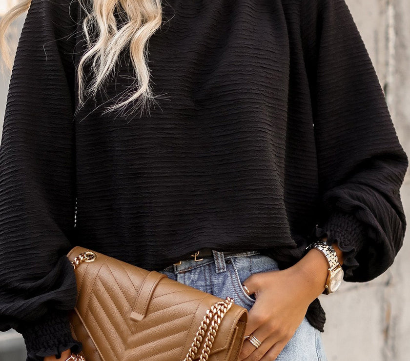 Smocked Frill Mock Neck Long Sleeve Blouse