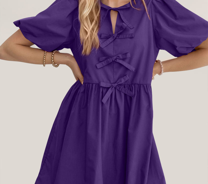 Oh Bow Ruched Puff Sleeve Mini Dress