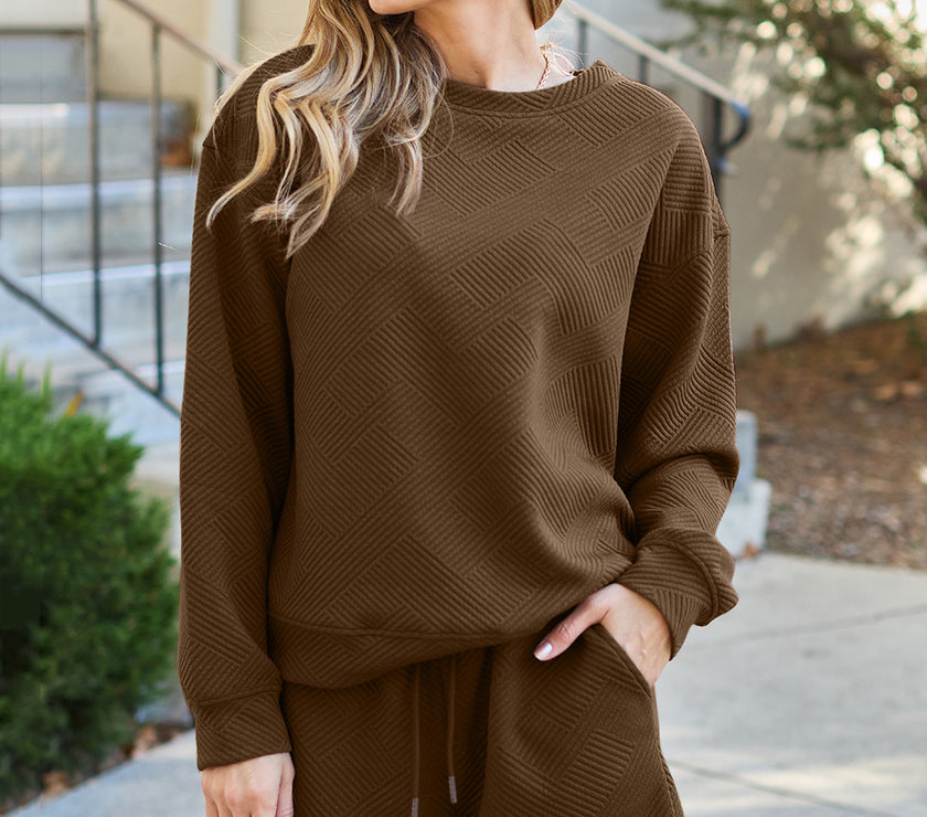 Double Take Full Size Texture Long Sleeve Top and Drawstring Shorts Set