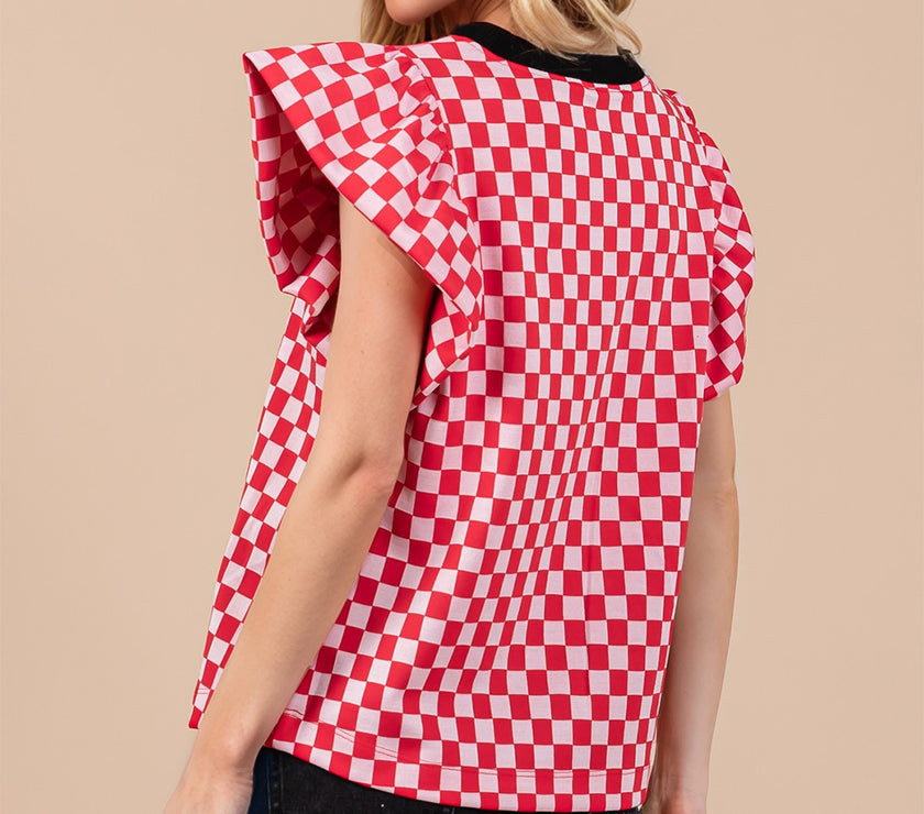 Oh Checkered Round Neck Puff Sleeve Blouse