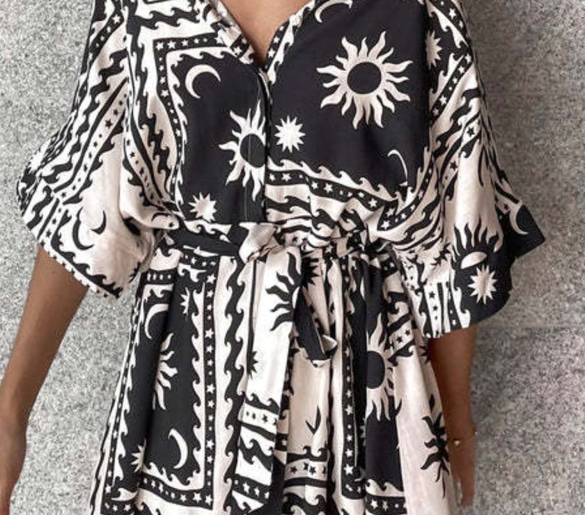 Printed Tie Waist Half Sleeve Romper