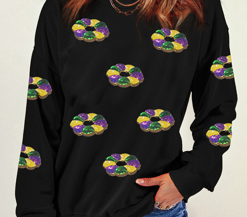 Black Sequined Donuts of Mardi Gras Colors Drop Shoulder Sweatshirt