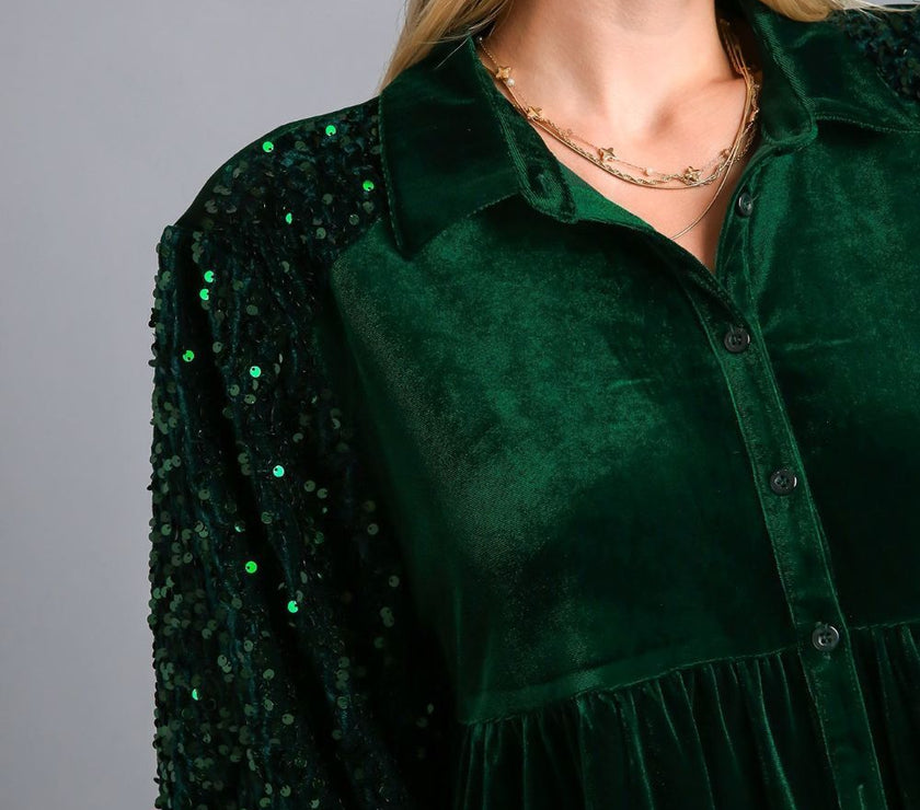 Umgee Sequin Detail Tiered Back Half Sleeve Shirt