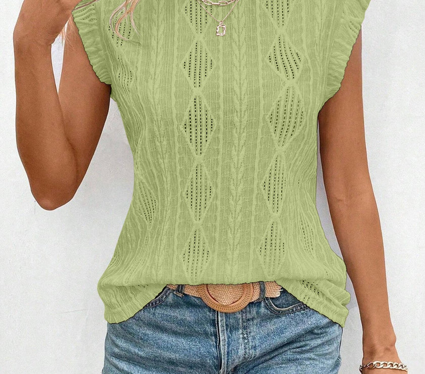 Openwork Round Neck Cap Sleeve Top