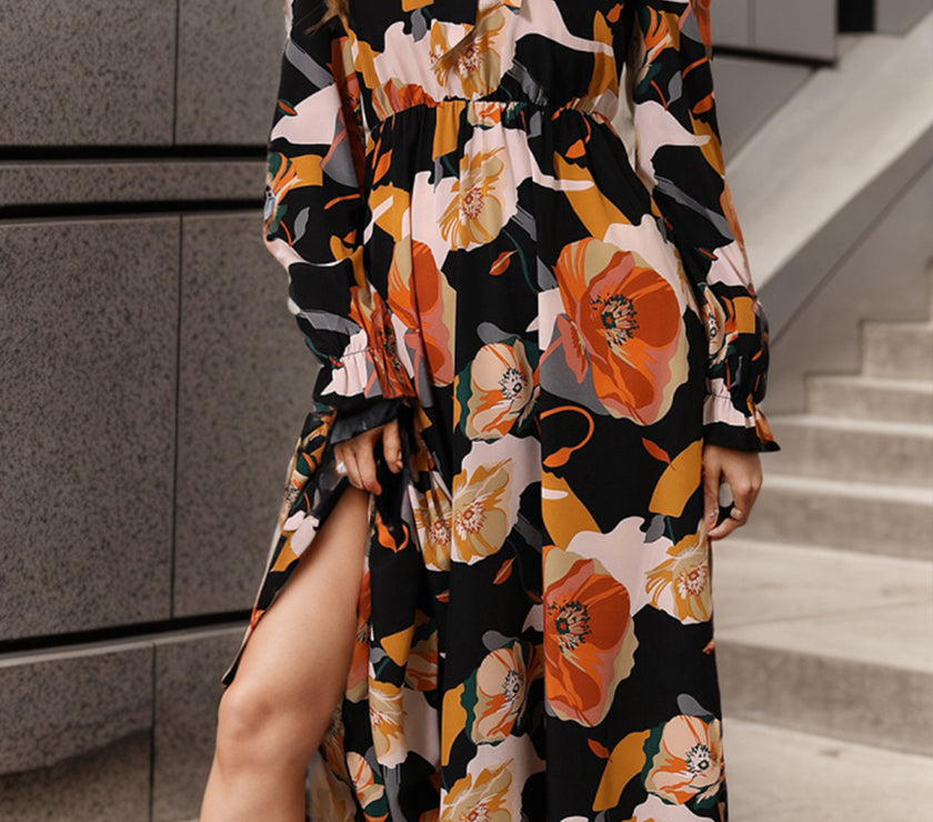 Printed Tie Neck Flounce Sleeve Dress