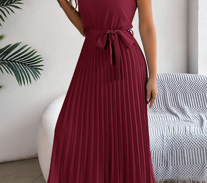 Pleated Tie Waist Sleeveless Midi Dress