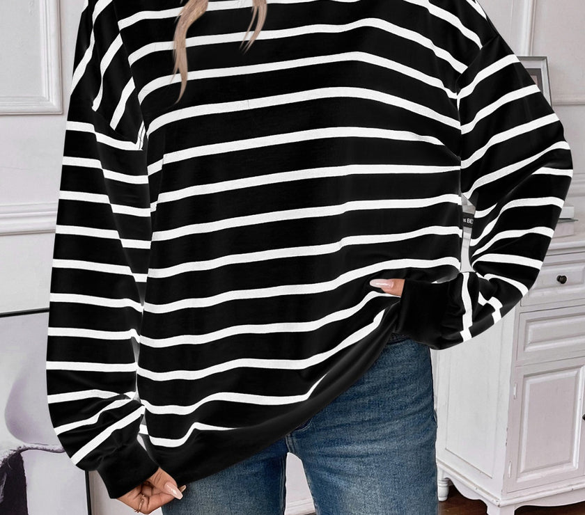 Lovelet Striped Round Neck Long Sleeve Sweatshirt