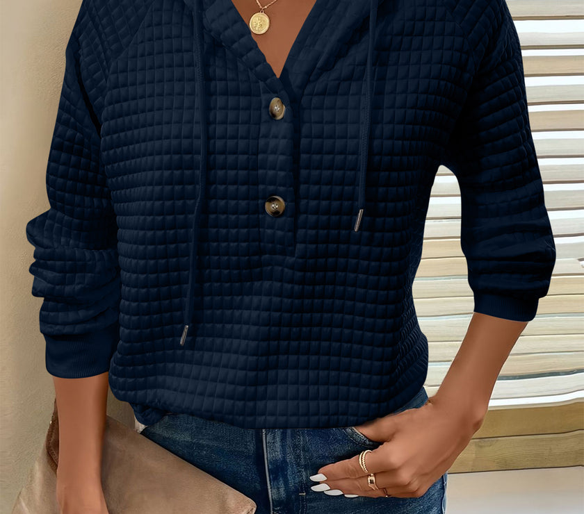 Full Size Texture Button Detail Drawstring Long Sleeve Hoodie