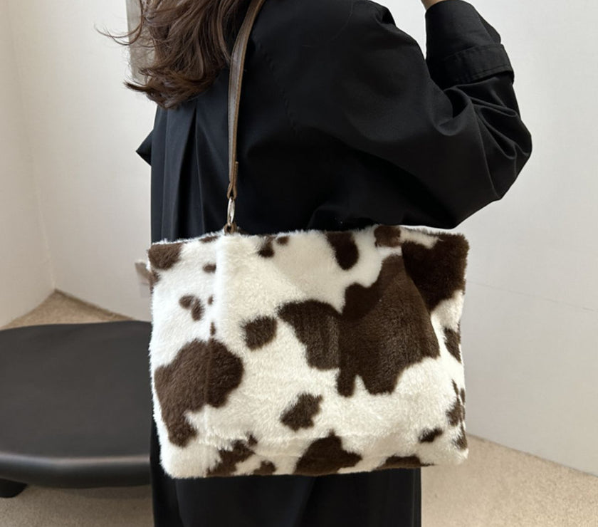 Cow Print Furry Tote Bag