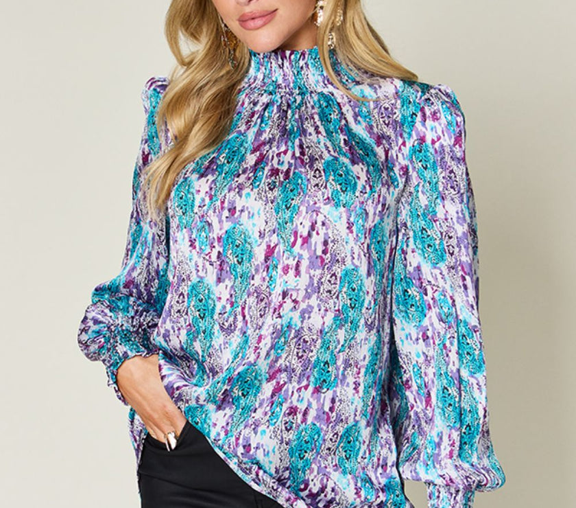 Double Take Full Size Printed Smocked Long Sleeve Blouse