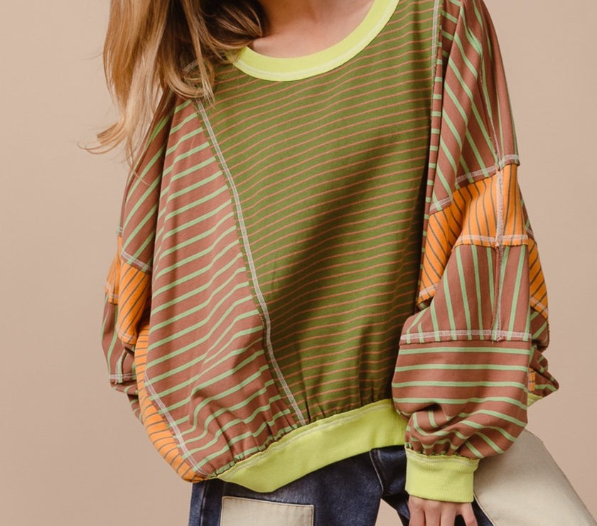 BiBi Color Block Striped Round Neck Sweatshirt