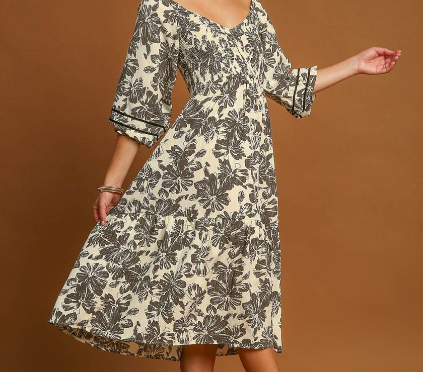Umgee Ruffle Hem Flower Printed V-Neck Dress