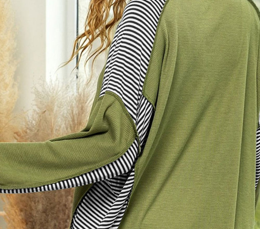 Striped Exposed Seam Half Button Sweatshirt