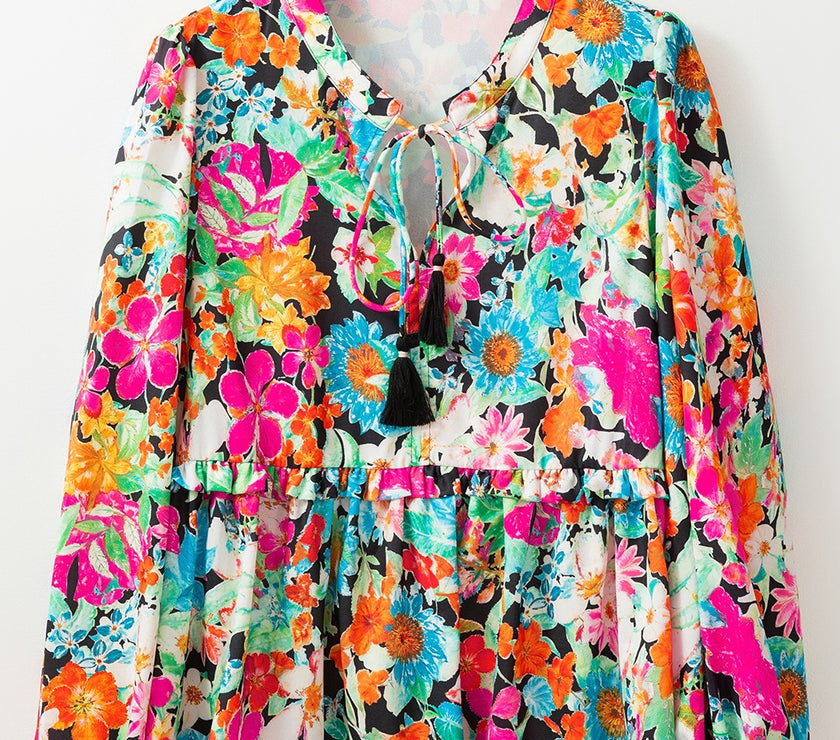 Floral Tie Neck Balloon Sleeve Blouse