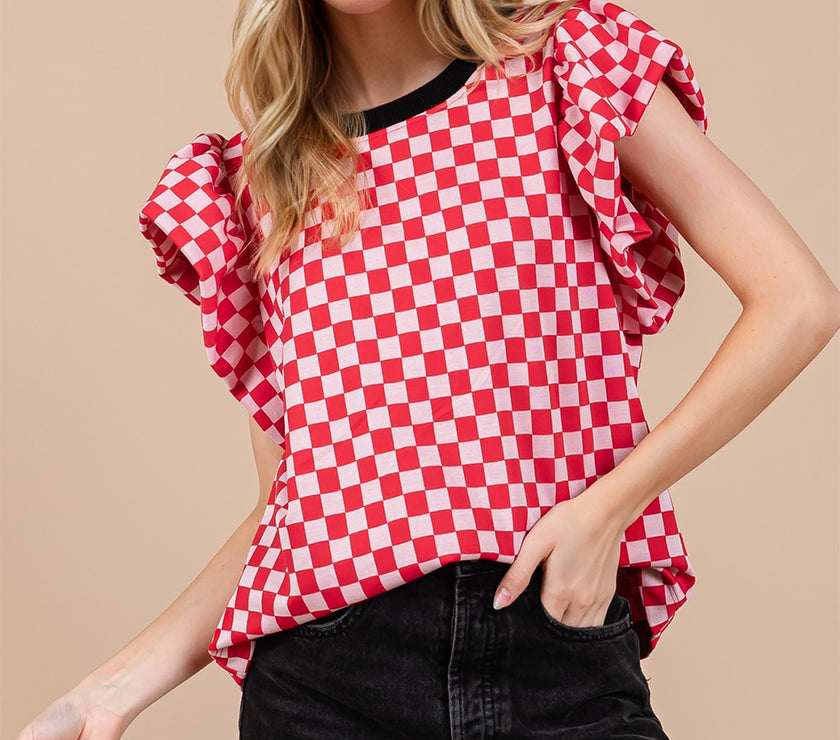 Oh Checkered Round Neck Puff Sleeve Blouse