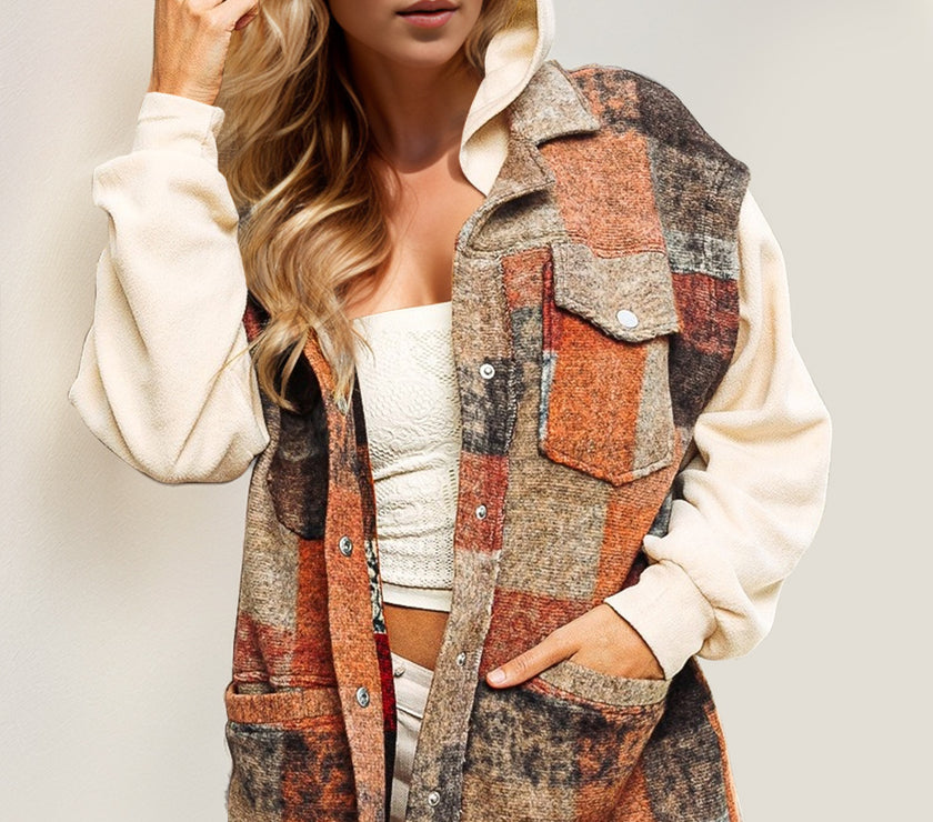 Double Take Contrast Long Sleeve Hooded Plaid Jacket