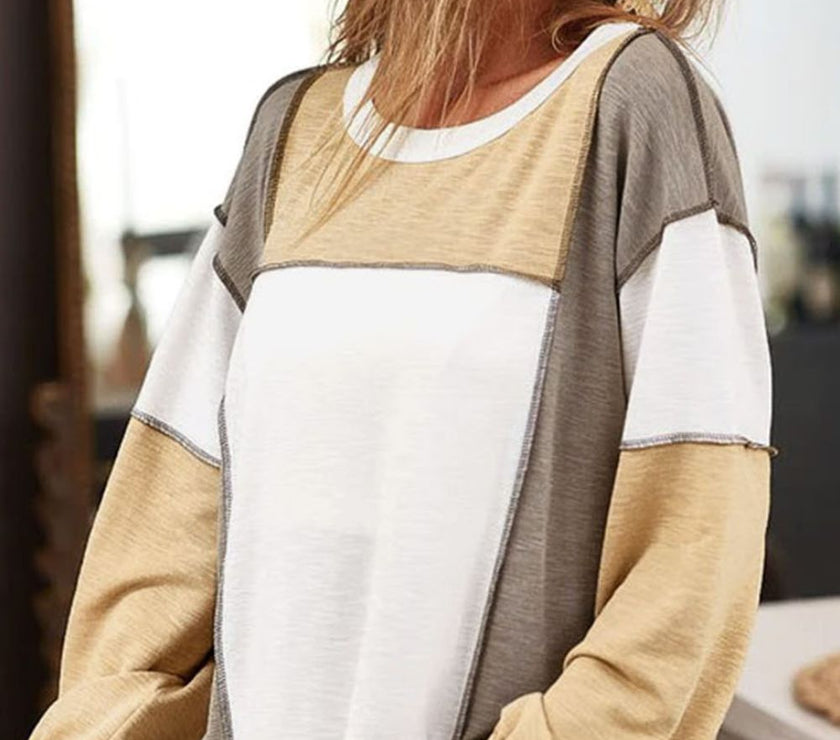Exposed Seam Contrast Round Neck Long Sleeve Top