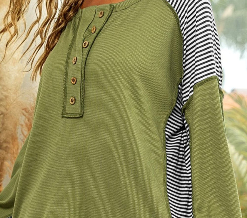 Striped Exposed Seam Half Button Sweatshirt