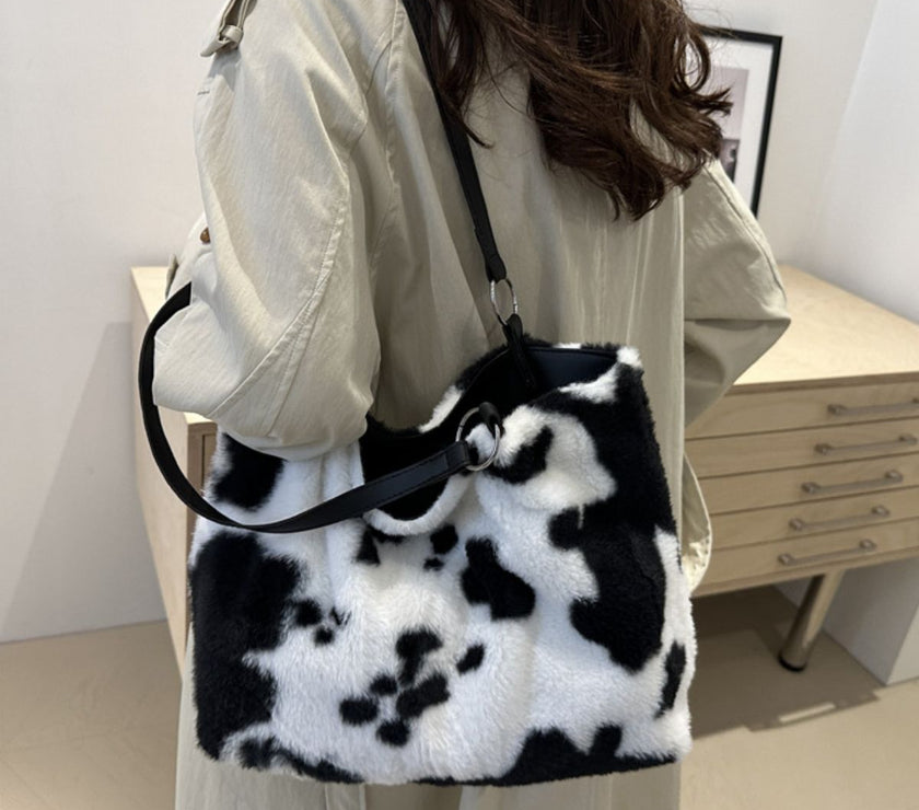 Cow Print Furry Tote Bag