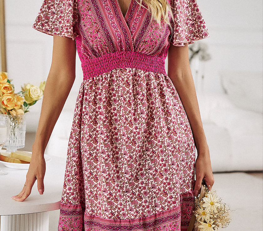 Devine Floral Smocked Waist Short Sleeve Mini Dress