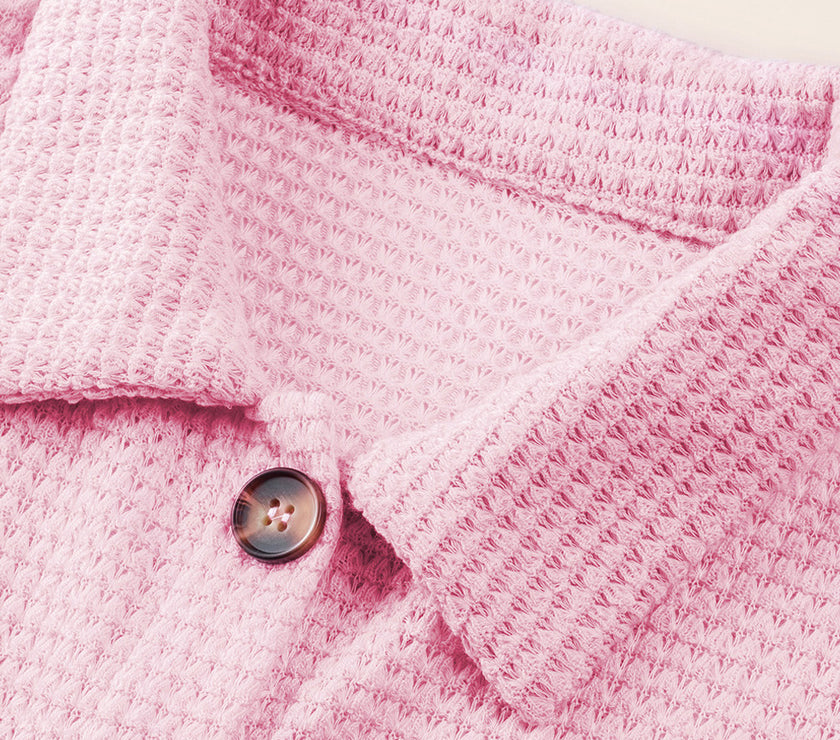 Waffle-Knit Collared Neck Long Sleeve Shirt