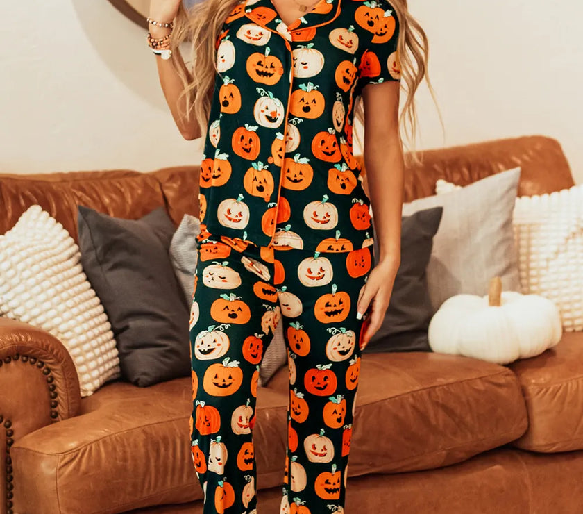Pumpkin Printed Short Sleeve Top and Pants Lounge Set
