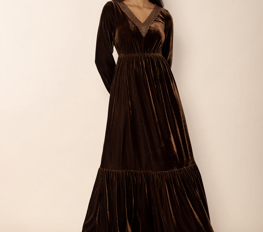 Lace Detail V-Neck Long Sleeve Maxi Dress