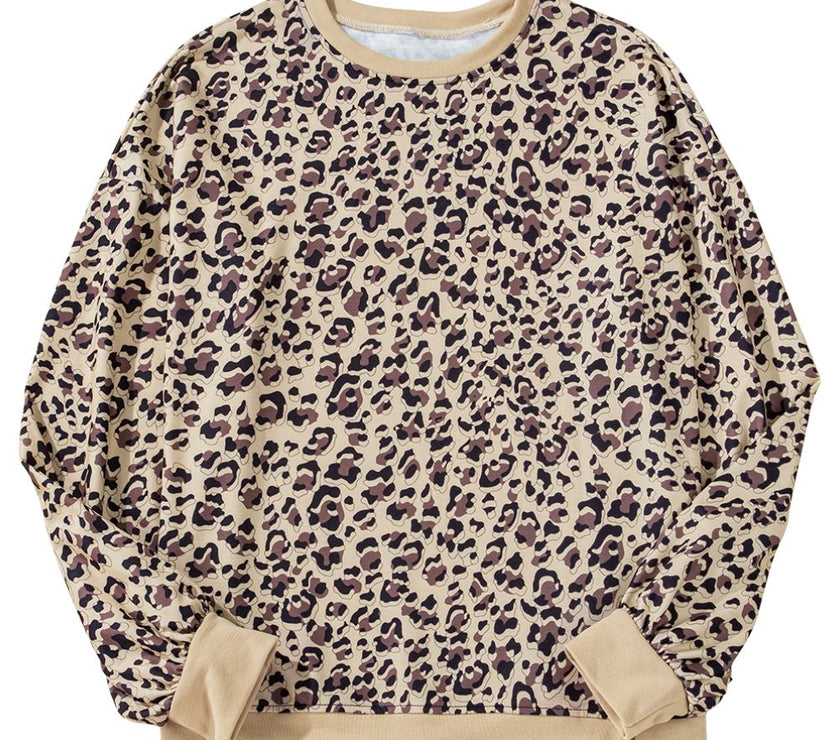 Slit Leopard Round Neck Long Sleeve Sweatshirt