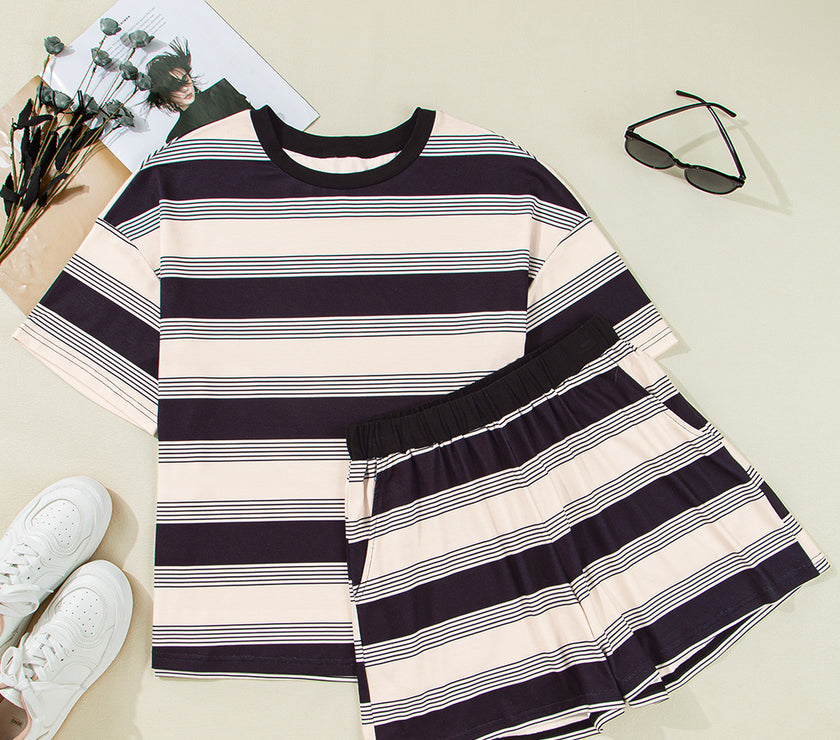 Black Stripe Short Sleeve T Shirt and High Waist Pocketed Shorts Set