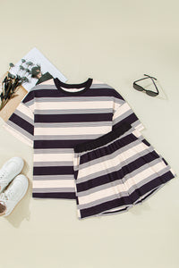 Black Stripe Short Sleeve T Shirt and High Waist Pocketed Shorts Set