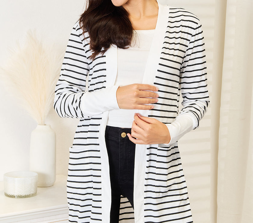 Double Take Striped Open Front Longline Cardigan