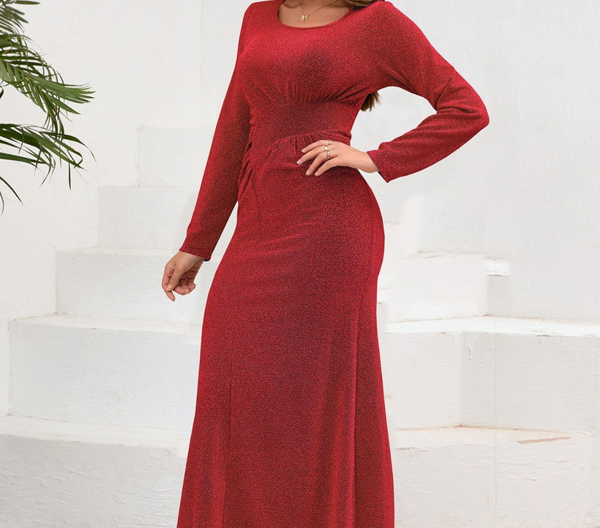 Ruched Round Neck Long Sleeve Dress