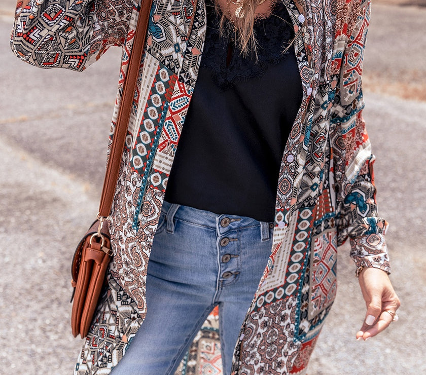 Printed Open Front Collared Neck Cardigan