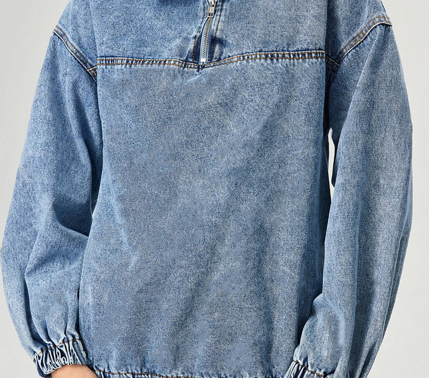 Quarter Zip Collared Neck Denim Top