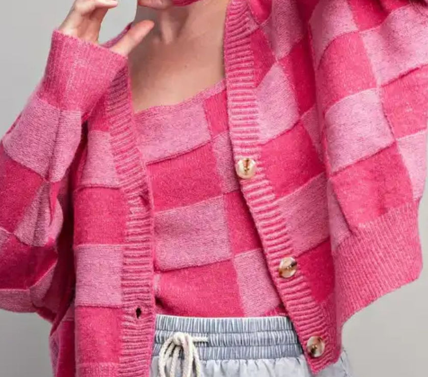 Checkered V-Neck Long Sleeve Cardigan