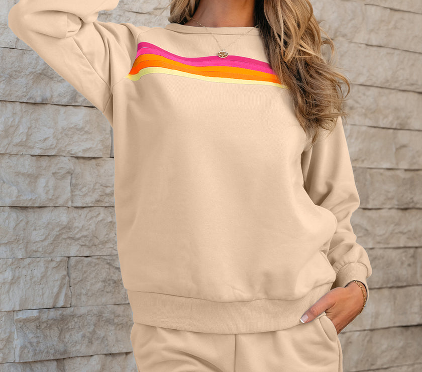 Apricot Striped Accent Pullover and Shorts Two Piece Casual Set