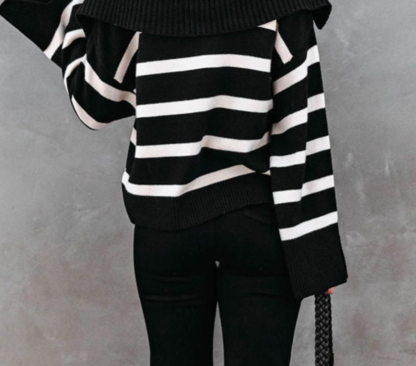 Striped Johnny Collar Long Sleeve Sweater