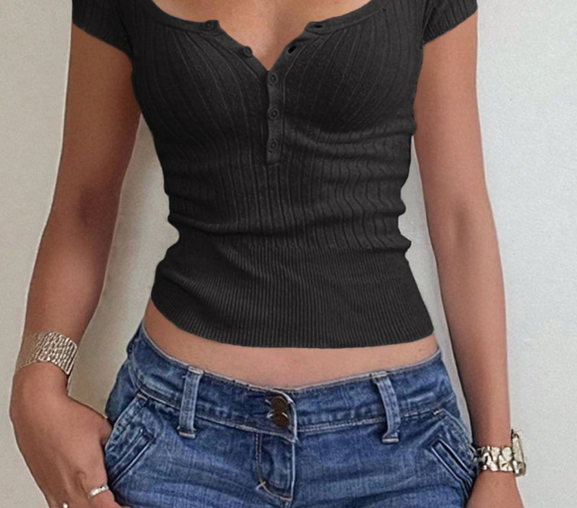 Half Button Scoop Neck Short Sleeve Knit Top