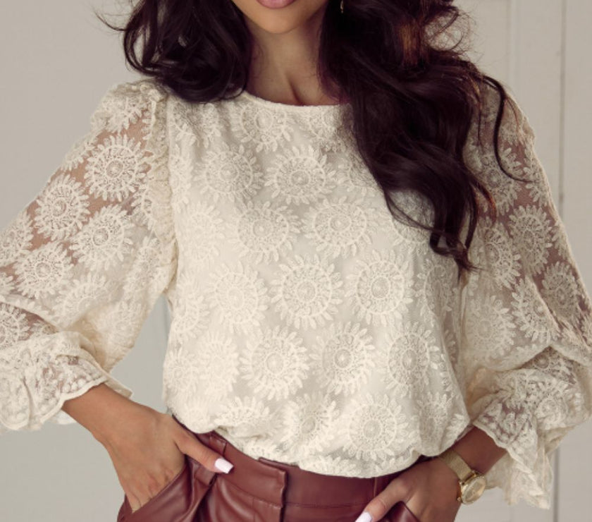 Flower Jacquard Flounce Sleeve Blouse