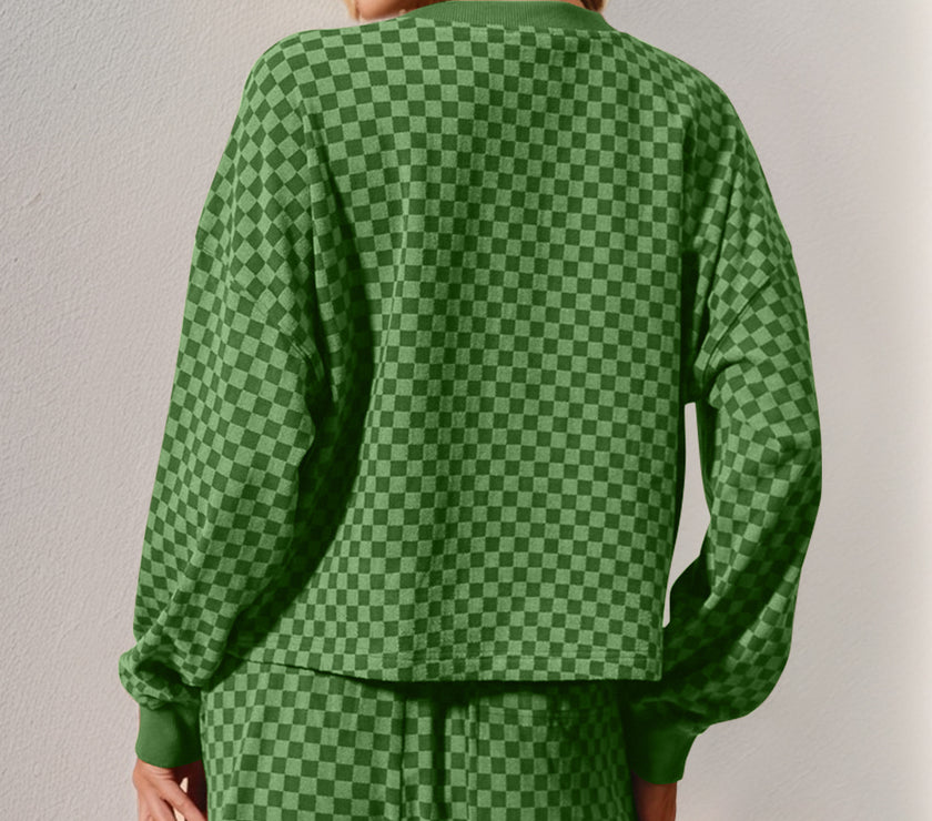 Double Take Checkered Half Button Top and Shorts Set