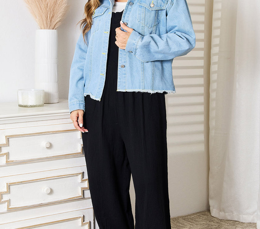 Double Take Dropped Shoulder Raw Hem Denim Jacket