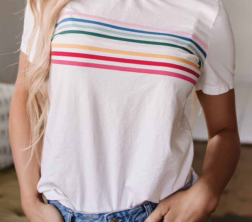 White Rainbow Stripe Print Contrast Crewneck T Shirt