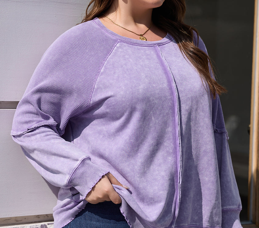 Orchid Petal Textured Patchwork Frilled Trim Plus Size Pullover Sweatshirt