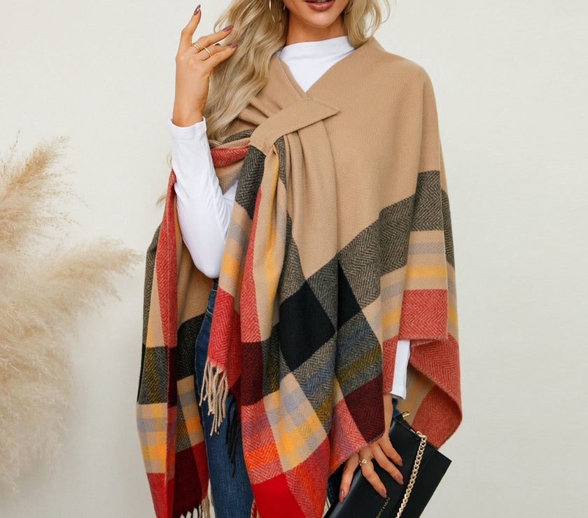 Fringe Contrast Plaid Poncho