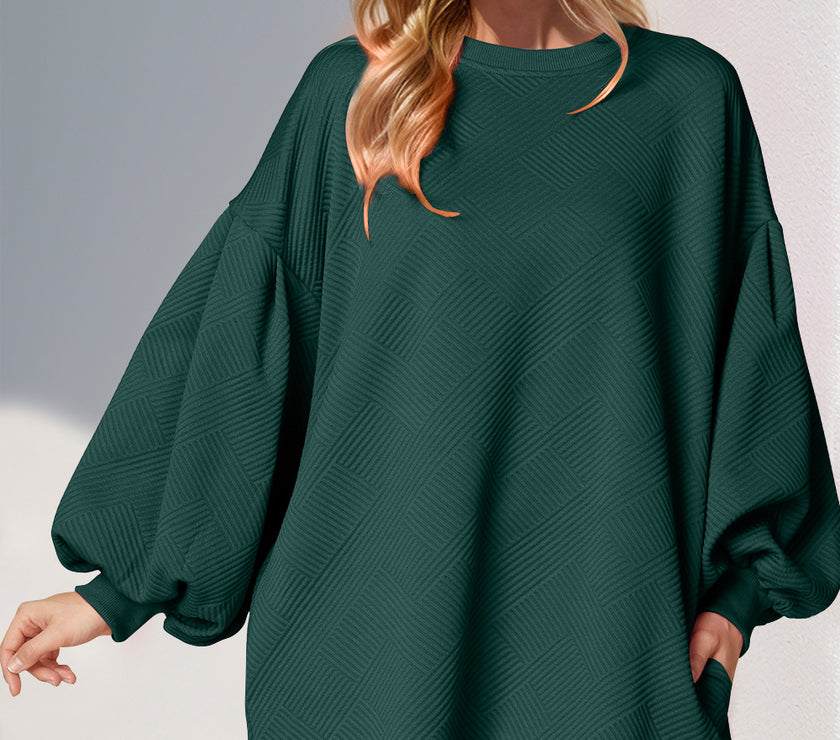 Double Take Drop Shoulder Lantern Sleeve Texture Mini Dress with Pockets