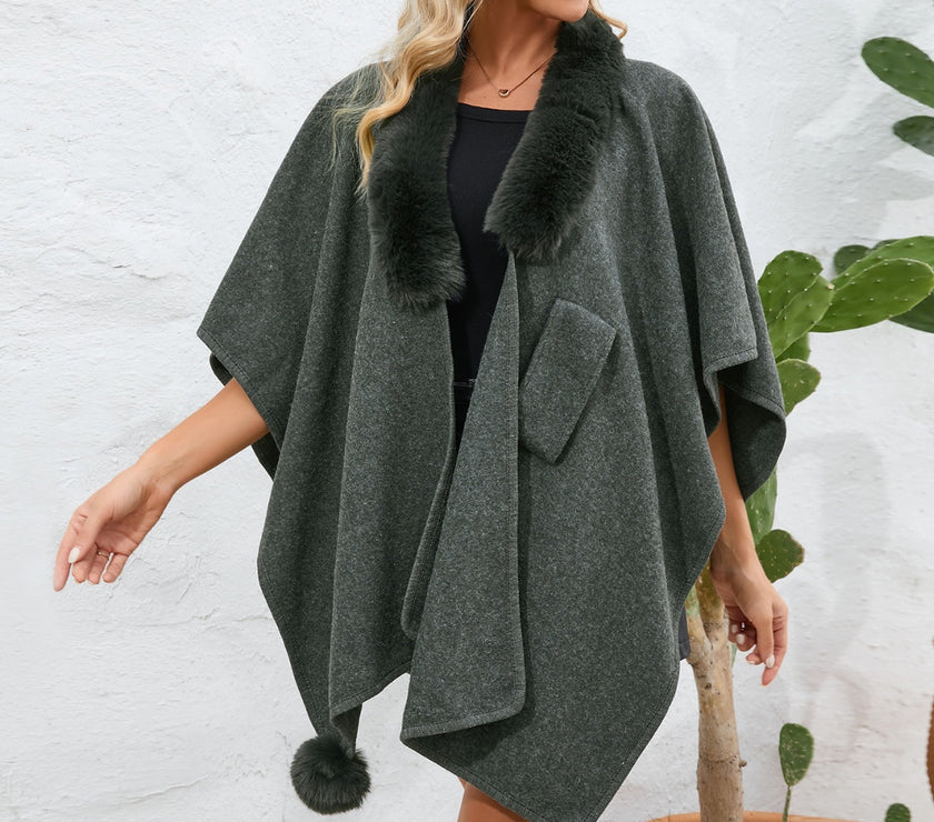 Fuzzy Trim Open Front Poncho